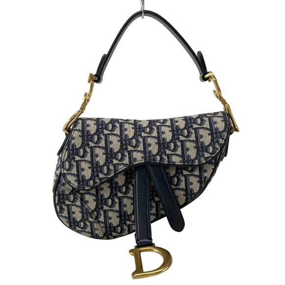 Auth DIOR/ChristianDior Saddle Bag Navy Cream Blue Jacquard Leather Handbag - Picture 2 of 16